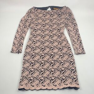 Alice + Olivia Nude Black Lace Long Sleeve Dress Sz 4 Scalloped Open Back Lined
